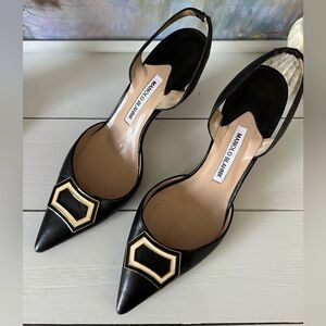 Manolo Blahnik Black Leather Pointed-Toe Slingback Pumps with Gold Accent